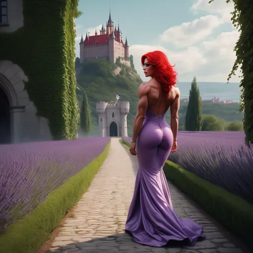 Prompt: A gorgeous ultra-muscular 25-year-old Swedish drag queen bodybuilder with a red longbob and in a lavender dress is walking down a path with ivy growing on the walls behind her and a castle in the background, Charlie Bowater, fantasy art, epic fantasy character art, a detailed photograph