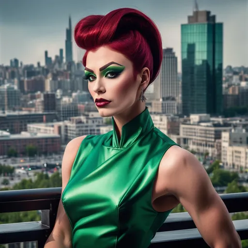 Prompt: Gorgeous muscular 25-year-old Belgian drag queen (strong masculine jawline and brow) with very long dark red tight updo hair in a green outfit and 8 inch stiletto high heel shoes, with a cityscape background, Erlund Hudson, transgressive art, promotional image, a character portrait