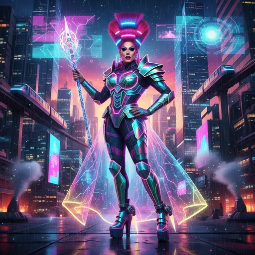Prompt: A beautiful, muscular, 35-year-old British drag queen (strong masculine jawline and brow features) in a dynamic pose in a retro futuristic synthwave cyberpunk neon paradise.  neon lighting, synthwave, cyber, retro, futuristic