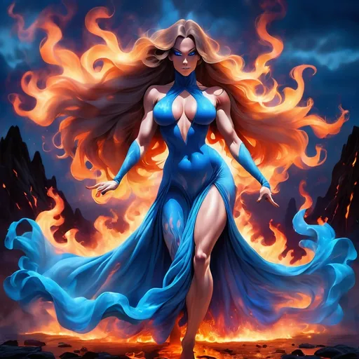 Prompt: Gorgeous ultra-muscular 25-year-old Swedish drag queen bodybuilder dancing on blue flame, silhouette, lava, long flowing blue flame gown, huge busom, long wavy fiery hair, long muscular legs, very muscular dancing female, mystical background,