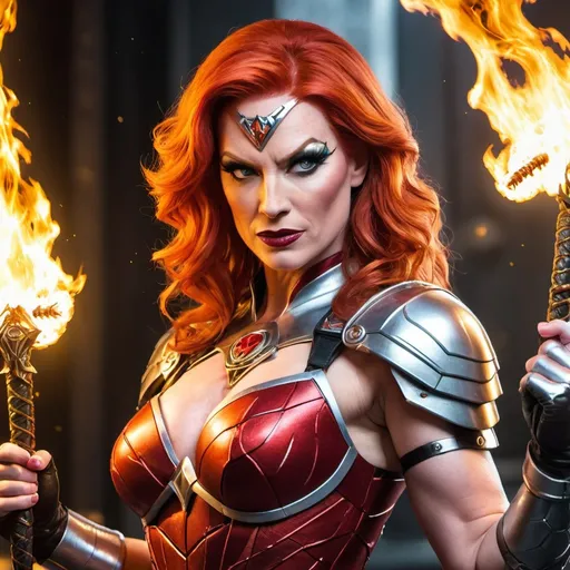 Prompt: A  beautiful, muscular, massively strong, 35-year-old flaming red-haired drag queen warrior cyborg, bearing visible battle scars and marks of past villainy, now subtly overlaid with symbols of heroism and snakes, signifying rebirth and transformation.  This character embodies a superhero and a redeemed former villain, exuding an aura of powerful resolve and hard-earned redemption, standing heroically amidst a stormy battlefield, with red lightning illuminating the intricately etched fractal designs on the battle-scarred armor. Her armor, a hybrid of Damascus steel and fractal art, shimmers with a mystical energy, the fractal patterns seamlessly merging with the Damascus steel's distinctive water-like texture.  Her piercing, intense eyes reflect focused determination. Snakes are integral to the design: subtle serpent tattoos coil around muscular arms and legs, and snake motifs are etched into the armor and weaponry. A massive, fractal-designed sword with Damascus steel accents completes the character's imposing and heroic presence.  The image is ultra-high definition, with sharp focus on the intricate details, realistic textures, and natural lighting.  The style is hyperrealistic, avoiding anime or comic book aesthetics. Focus on a grounded, realistic portrayal of the character and the environment.