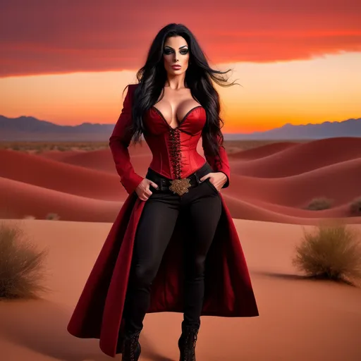 Prompt: (Gorgeous ultra-muscular 25-year-old Italian drag queen bodybuilder cowgirl with ridiculously long black hair), standing confidently in a dark red corset and elegant black pants and longcoat, full body shot, vibrant desert background at sunset, warm golden and crimson tones illuminating the scene, dramatic shadows, ultra-detailed, capturing an adventurous and daring spirit, dynamic pose, rugged leather boots, striking facial features, showcasing both strength and beauty.