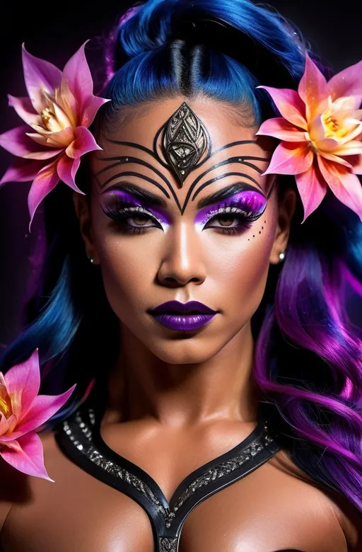 Prompt: Gorgeous ultra-muscular 25-year-old Samoan drag queen bodybuilder (mystical warrior) with intricate swords, dark eye makeup,  dark lipstick,  bold dynamic pose, (vibrant colors) surrounding her, illuminated by ethereal light, (Flower of Life Imandala) in the background, rich patterns radiating energy, deep contrast to soft overlays, (ultra-detailed, high-quality), enchanting and powerful ambiance.