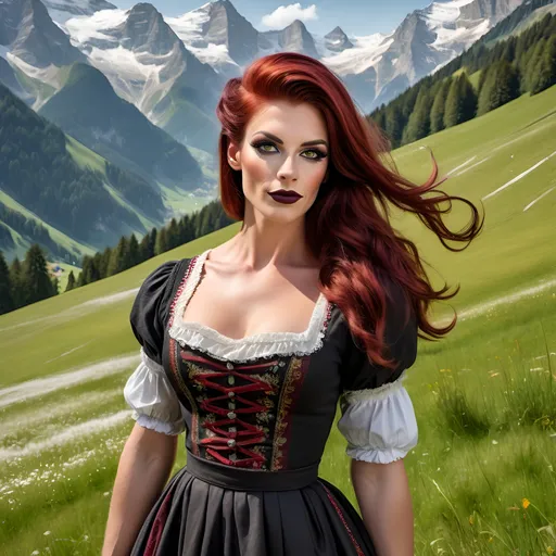 Prompt: Gorgeous muscular 25-year-old German drag queen with dark red hair, very strong masculine jawline and brow,  dark eyeshadow and dark lipstick, in Alps meadow wearing dirndl traditional folk dress, serene atmosphere, high-quality, detailed, realistic, traditional painting, Heidi-inspired, nature bliss, snow-covered peaks, peaceful, tranquil, alpine meadow, joyful lamb,warm sunlight, golden hour lighting, traditional art style, idyllic, joyous, pristine nature