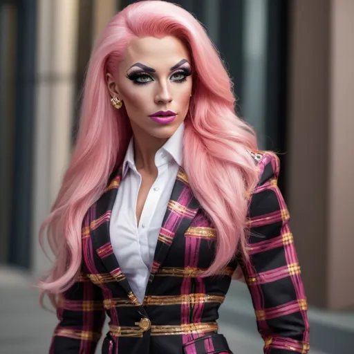 Prompt: Professional head to feet profile of a gorgeous ultra-muscular 25-year-old Finnish drag queen bodybuilder, intricate diamond face, very long straight shiny pink hair, arched eyebrows, button nose, intricate makeup, gold jewelry, multicolored blazer, white blouse, pleated black tartan skirt, 8 inch stiletto high heel shoes, high-res photo, detailed, realistic, professional, head to waist, vibrant colors, intricate details, high quality, indoor photo, warm light, shoulders turned away from camera, head tilted, dynamic pose