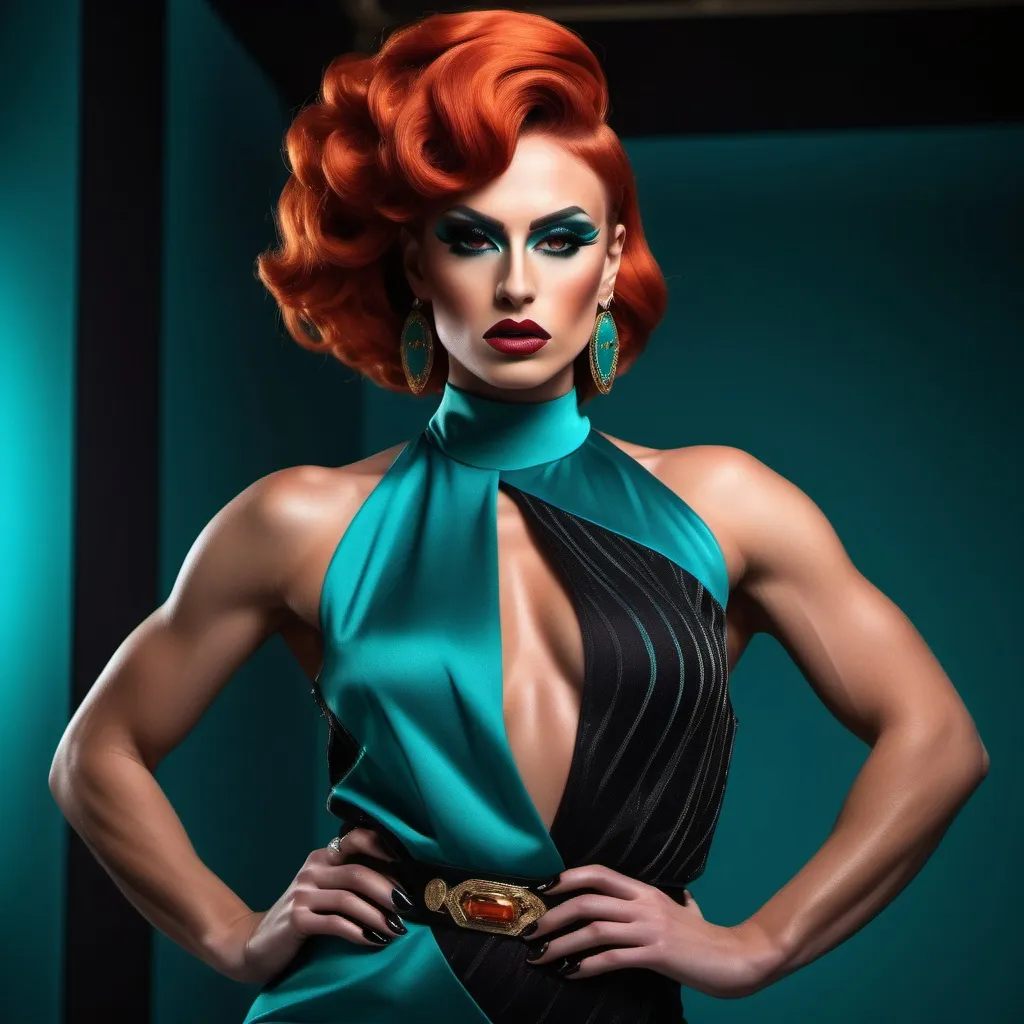 Prompt:  (A gorgeous muscular 25-year-old Macedonian drag queen with dark orange hair wearing a teal Versace), fierce pose, dramatic (red and black color palette), high-fashion editorial style, luxurious fabric textures, sleek and chic outfit details, vivid presence, modern ambiance, strong emotional intensity, cinematic lighting, backdrop of elegant high-fashion runway, (ultra-detailed, 4K).