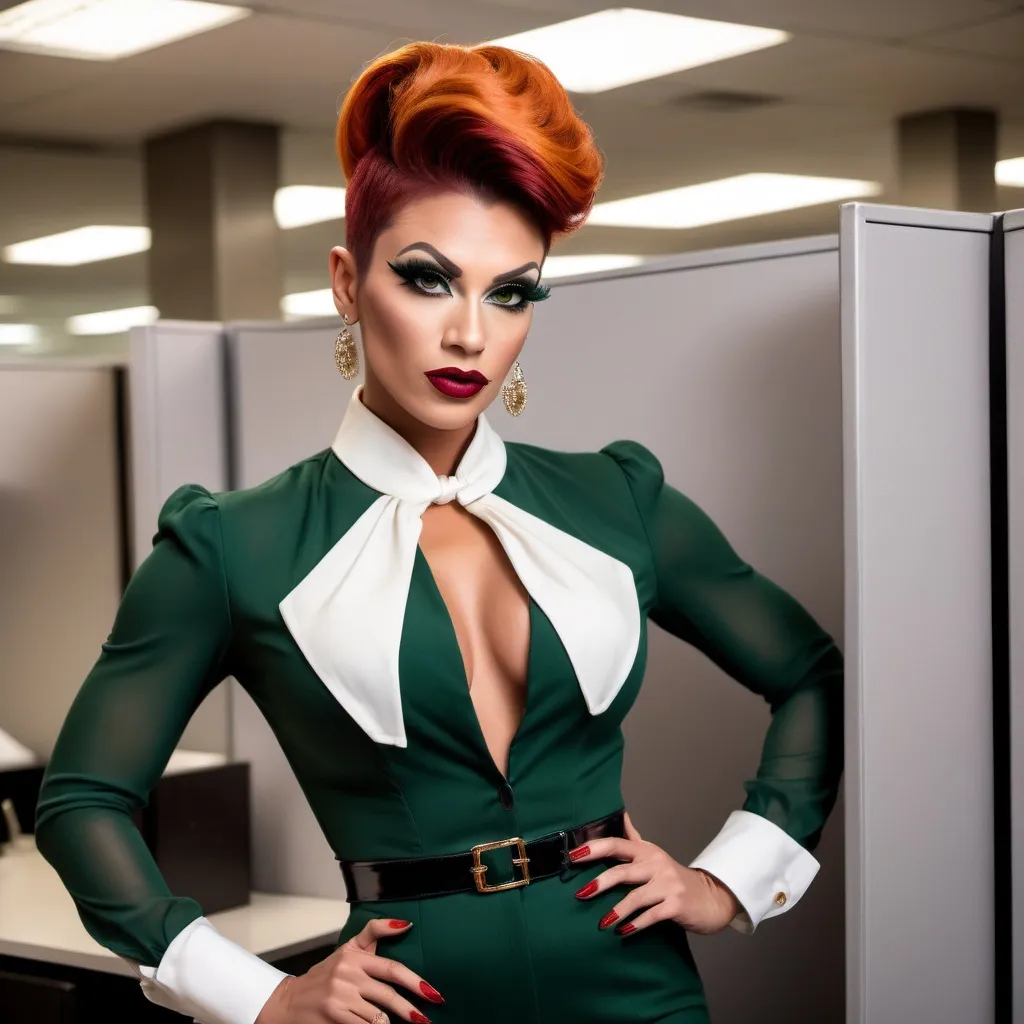 Prompt: Gorgeous ultra-muscular 25-year-old drag queen businesswoman, very well endowed, dark orange updo hairstyle, wearing sophisticated dark green business dress and white blouse, dark eye shadow and dark red lipstick, 8 inch stiletto high heel shoes, standing by a cubicle 