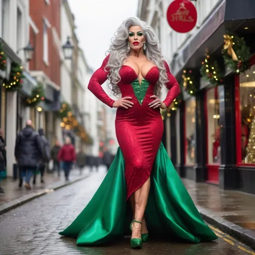 Prompt: Gorgeous muscular 35-year-old Portuguese drag queen bodybuilder with long wavy silver hair, dark eyeshadow, dark lipstick, and large busom, walking down the high street at Christmas, wearing a gorgeous Red & green gown (design as a Christmas tree) and stiletto heels, realistic, natural lighting,  snowing