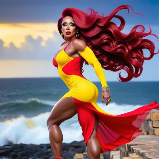 Prompt: Gorgeous muscular 40-year-old Puerto Rican drag queen bodybuilder very long wavy full dark red hair (((blowing in the wind))) showing off her backless fringed yellow & red tight dress, dark eyeshadow, 
Heavy mascara, dark red lipstick, and 8 inch stiletto high heel shoes posing near Castillo San Felipe del Morro at dusk. Windy weather.