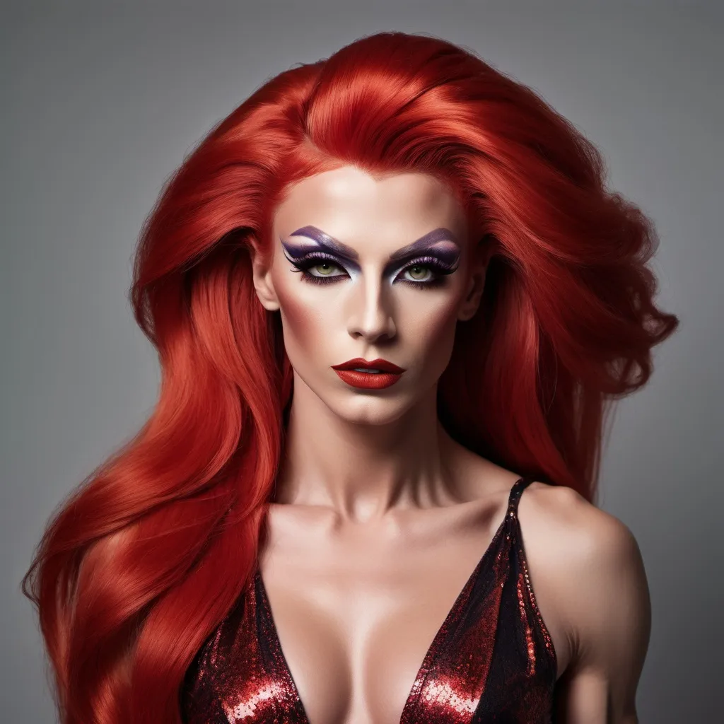 Prompt: Mysterious, Tall, gorgeous, muscular, 25-year-old Polish drag queen with long bright red stylish hair.