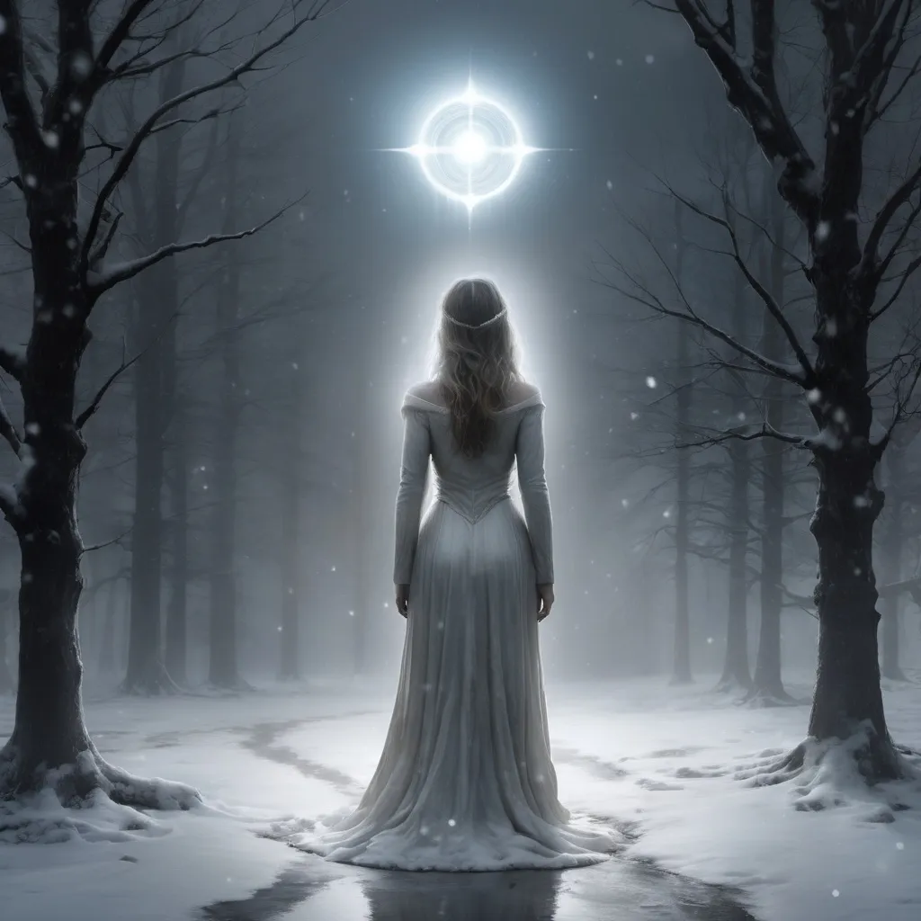 Prompt: God bless she walks in her last winter
The halo 'round her head, it starts to linger
Her fear has died, her heart is still unbroken
There's no remorse, she doesn't mind
She bleeds out