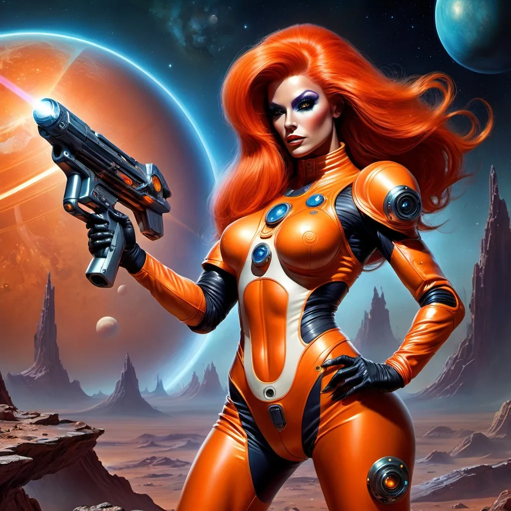 Prompt: fantasy in the style of julie bell, sci-fi, gorgeous muscular drag queen in form-fitting space suit, long dark orange hair holding a laser gun. alien planet in the background. 
