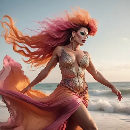 Prompt:  64k hi-res hyper-realistic full-length photographic portrait, cinematic film still, gorgeous 35-year-old muscular Portuguese drag queen bodybuilder in a short boho-rococo dress, dancing on the beach, dark eyeshadow, dark red lipstick, pretty eyes, glistening skin, plump lips, ridiculously long wavy pink hair (blowing in the wind), teal blue orange cream pink gold bright vivid vibrant gradient colors, uplifting mood, fantastic realism, crisp, epic,