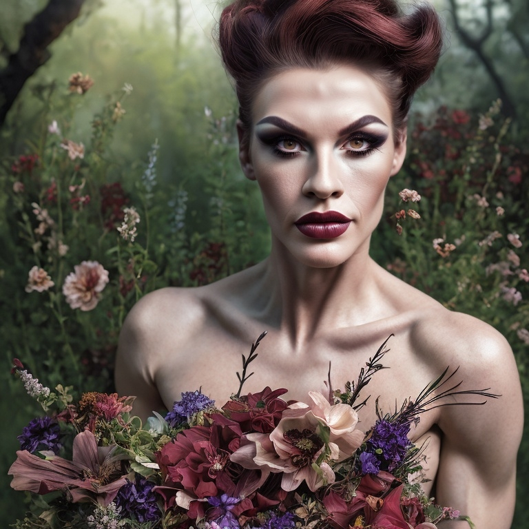 Prompt: award-winning full-length portrait of a gorgeous muscular drag queen (strong masculine jawline and facial features) with dark red updo hair, dark eyeshadow,  and dark lipstick, chic floral dress, outdoors, dainty bouquet of wildflowers, high-quality, oil painting, detailed floral patterns, serene atmosphere, elegant, natural lighting