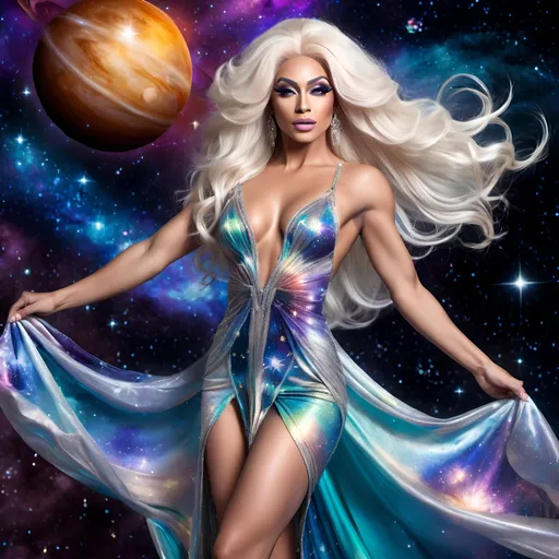 Prompt: Exquisite, sparkling gorgeous 25-year-old Bulgarian drag queen with muscular physique and long platinum blonde, falling through space, revealing flowing dress, incredible body form, beautiful face, nebulae, stars, planets, detailed, highres, glowing, surreal, fantasy, colorful, cosmic, celestial, goddess, flowing, ethereal, detailed, vibrant, heavenly, art nouveau, luminous, graceful, vivid, space opera, best quality