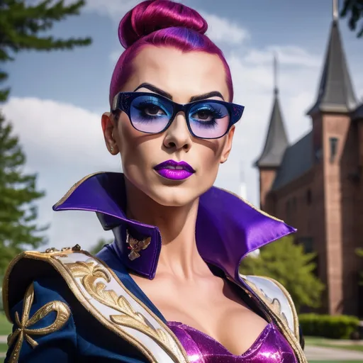 Prompt: Create a highly detailed AI defined image of a highly attractive 35-year-old (caucasian) drag queen college student (with very strong masculine jawline and brow features) in a fantasy uniform, big busom, wearing sunglasses, inspiring lustful uniform, classic makeup, at a unique fantasy school, 
wide landscape lense, ISO 500, Aperture f/22, APS-C, Splash art, dark fantasy art, stunning bokeh, cinematic lighting and scale, super detailed, 64k, high quality perfect lighting, perfect shadows.