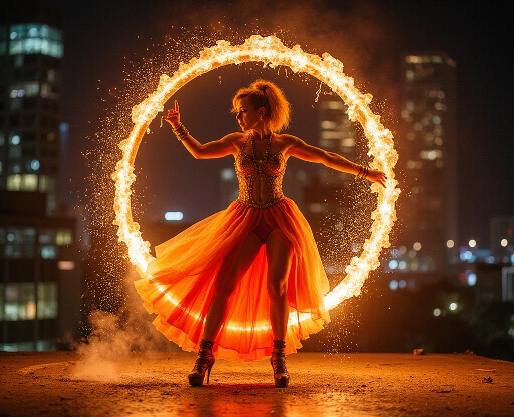 Prompt: Watercolor impressionist art, professional elegant circus stunning muscular 25-year-old French drag queen performer wearing intricate dance outfit playing a set of hula hoops made of lava elements and burning charcoal with elegant action on top of a building , and  a fire elements come out from inside her forming a orange and red trail of sparkling dress, illuminated bokeh twinkling glittery background. studio lighting. Mesmerizing and spectacular splendid performance. Masterpiece of art, thrilling and exciting to view from the audience.