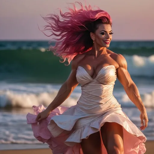 Prompt: 4k ,oil painting , high resolution ,artistic, dark colors, sea , sunset , sand , a gorgeous muscular 25-year-old Portuguese drag queen bodybuilder is dancing, big busom, long muscular legs, dramatic dance ,good mood, fun,joy, white cream short dress ,detailed dress, pink long hair  ,dynamic, dress moves while dancing , low angle shot ,legs , good composition , strong wind , close up , strong wave,dress is wet 