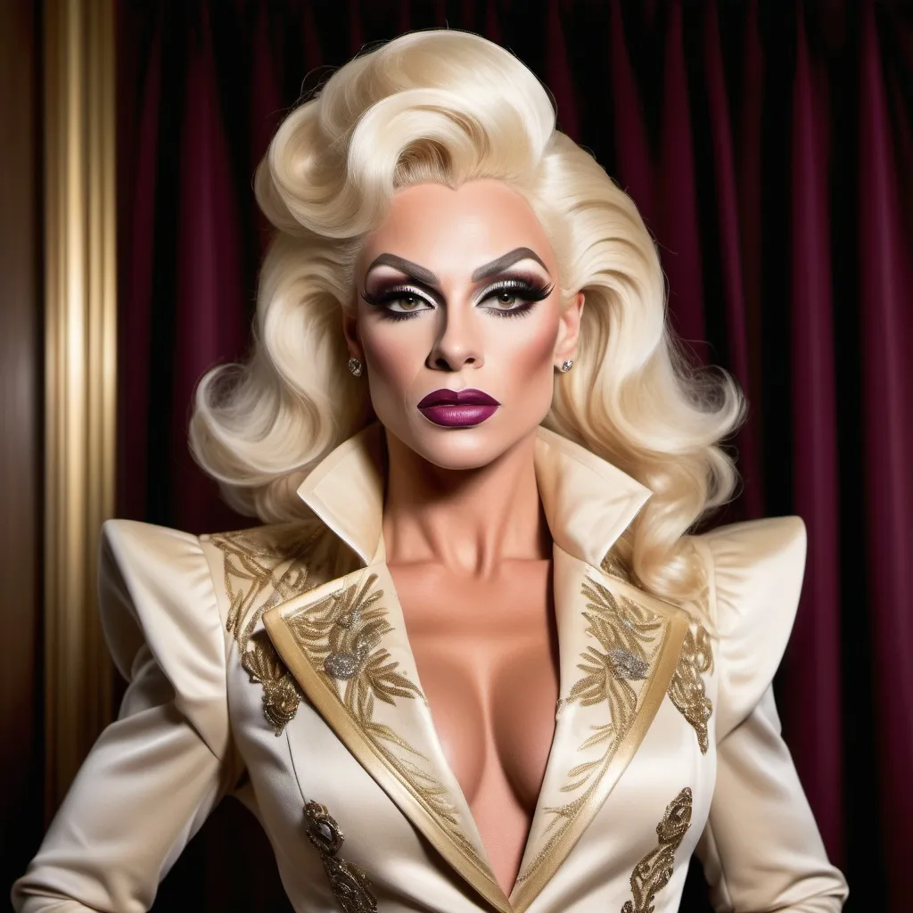 Prompt: "A gorgeous muscular British drag queen in her late twenties with striking platinum blonde hair and light brown eyes that shimmer with a golden hue. She has a sharp, regal face and an air of authority. Known as the 'Golden Dutchess,' she is tall and muscular, exuding confidence and refinement. Dressed in a tailored noble coat with intricate detailing, she stands in a grand hall, her demeanor poised yet guarded, hinting at a troubled past beneath her polished exterior."