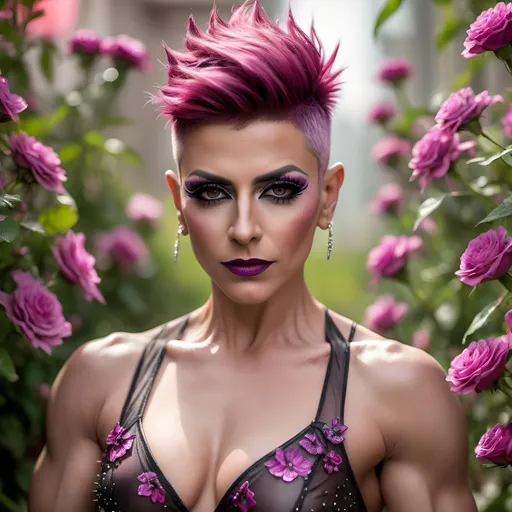 Prompt: Gorgeous muscular 35-year-old Syrian drag queen bodybuilder with short spiky magenta hair, dark eyeshadow,  and dark lipstick wearind a short, airy transparent dress, flowing in a flower garden. Professional photography, bokeh, natural lighting, canon lens, shot on dslr 64 megapixels sharp focus