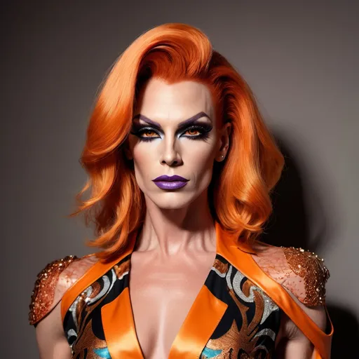 Prompt: Gorgeous muscular 35-year-old British drag queen (masculine jawline and brow features) with shoulder length stylish orange hair (Cavalli outfit), high fashion, (luxurious fabric), intricate detailing, dramatic silhouette, bold patterns, pastel colors, modern and stylish, runway-ready, beautifully styled, expressive poses, atmospheric lighting, artistic composition, edgy accessories, urban chic background, (trendy environment), cinematic aesthetic, ultra-detailed, high quality, shoulder length Brunette hair.