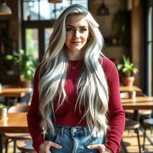 Prompt: Create a portrait of a gorgeous ultra-muscular 25-year-old Czechian drag queen, with long, flowing silver hair and warm brown eyes, Athletic physique. She stands in a sunlit café, wearing a casual, stylish outfit—a soft crimson sweater and high-waisted jeans. The background features rustic wooden tables and potted plants, while sunlight filters through the large windows, casting gentle shadows. Her expression is thoughtful, with a hint of a smile, as she gazes out the window, lost in a moment of reflection