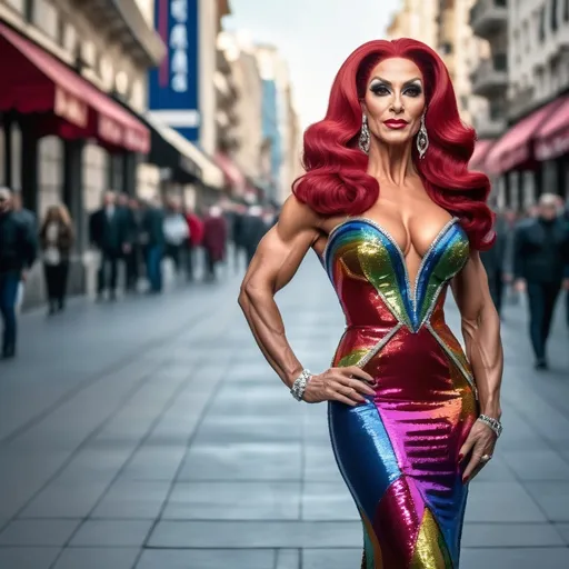 Prompt: Very detailed and hyper realistic full-length photo of a gorgeous muscular 35-year-old Armenian drag queen bodybuilder with 1950s styled Dark red hair wearing a hyper realistic and very detailed multicolored Paco Rabanne dress 64k, ultra hd, 3d quality  500mpx reflex red carpet starirway awards 