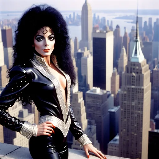 Prompt: Michael Jackson  dressed as a 25-year-old gorgeous drag queen Cher posing on the ledge of a building, high above NYC.