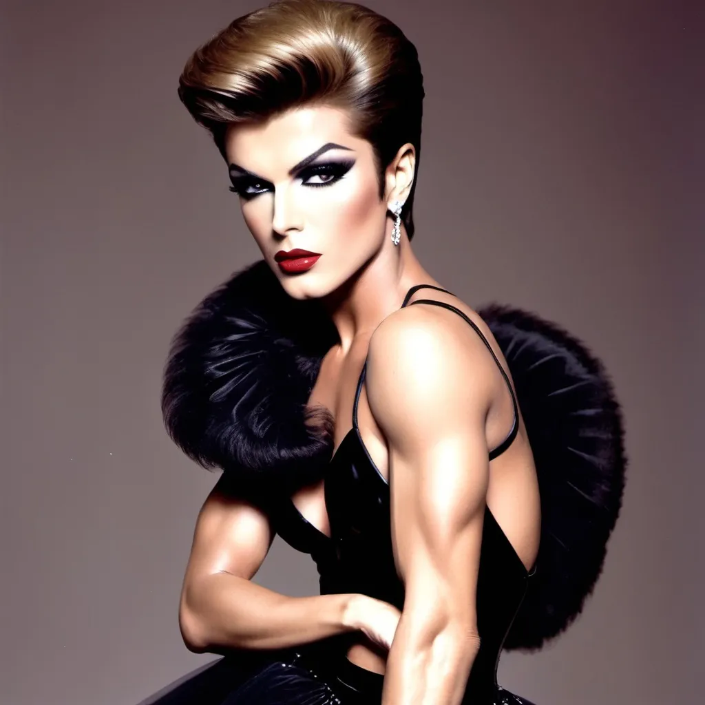 Prompt: If young George michael was a gorgeous muscular drag queen (full length photo) with long muscular legs and a very muscular physique. Performing in a beautiful gown. Dark eye shadow, heavy mascara, and dark red lip stick.