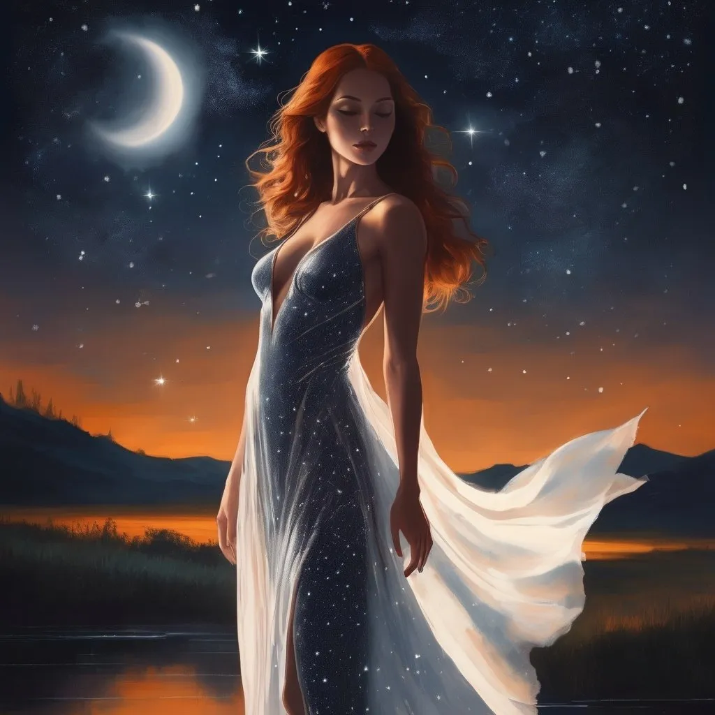 Prompt: In a serene setting beneath a canopy of twinkling stars, a gorgeous muscular 60 year old goddess wearing 8 inch stiletto high heel shoe stands illuminated by the soft glow of the moonlight. Her silhouette is striking against the dark night sky, creating a captivating contrast that accentuates her elegance and grace.

She has flowing dark orange hair that seems to shimmer and dance in the gentle night breeze, reflecting the subtle light of the stars above. Her eyes sparkle with a mysterious allure, mirroring the constellations that dot the sky.

Her attire is simple yet elegant, a flowing white see-through dress that seems to mimic the movement of the night sky itself. It billows gently around her as she stands, creating a dreamlike aura that adds to her ethereal beauty.

As she gazes up at the stars, a sense of wonder and awe fills her expression. Her connection to the universe is palpable, as if she holds a secret understanding of the mysteries of the cosmos.

Surrounded by the beauty of the night sky, this woman embodies the timeless allure of the heavens. Her presence is both calming and enchanting, making her a mesmerizing focal point against the backdrop of the starry night.






