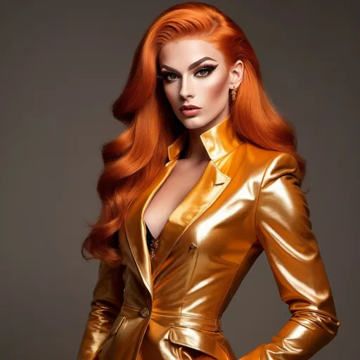 Prompt: "A gorgeous muscular 18-year-old Austrian drag queen with striking orange hair and brown eyes that shimmer with a golden hue. She has a sharp, regal face (strong masculine jaw and brow) and an air of authority. Known as the 'Golden Dutchess,' she is tall and muscular, exuding confidence and refinement. Dressed in a tailored noble coat with intricate detailing, she stands in a grand hall, her demeanor poised yet guarded, hinting at a troubled past beneath her polished exterior."