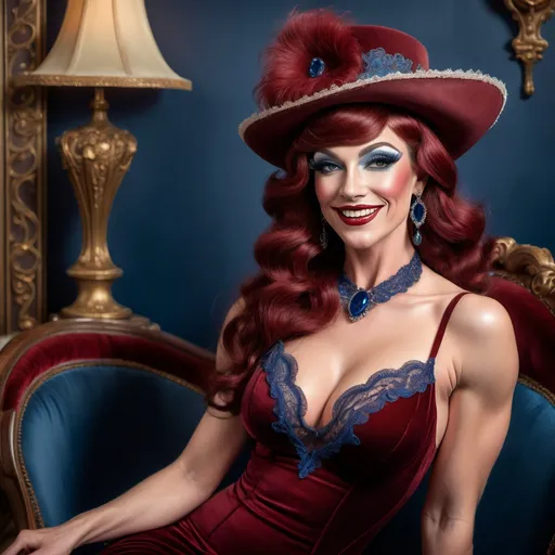 Prompt: photorealistic, (8K), vintage art nouveau portrait, beautiful muscular 35-year-old Slovic drag queen, (regal gown emphasizing Décolletage), lace details, chic shag cut dark red hair, (sapphire eyes), big warm smile, milliners hat, (luxurious room ambiance), sitting on (blue divan), intricate decor, soft warm lighting, ultra-detailed textiles, rich color tones, high quality sumptuous environment.