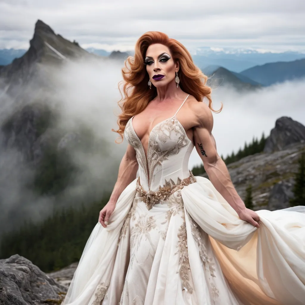 Prompt: (A thre quarter body image) a very masculine, yet gorgeous muscular 35-year-old French drag queen bodybuilder (big busom, dark eyeshadow, dark lipstick, long flowing strawberry-blonde hair) wearing an ivory wedding gown on the top of an high mountain. surreal  with mist
Dreamy, mythical, fairyland-like, soft and romantic
Splash art, hyper detailed, ultra realistic, highly detailed. Perfect studio lighting, perfect shading, impeccable contrast, HDR, UHD, high res, 64k