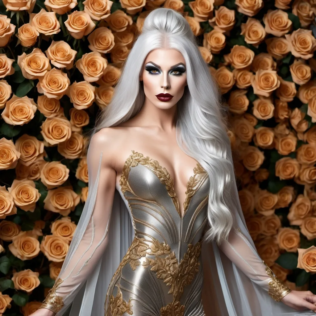 Prompt: Full body portrait of a caucasian gorgeous ethereal ultra-muscular Czechian 25-year-old drag queen bodybuilder,  The color scheme of the image is dominated by gold and silver hues. Her ridiculously long, silvery hair is elegantly gathered in a sleek bun, adorned with golden roses for added sophistication. The ethereal and fairy-like makeup enhances her divine beauty, with intricate golden accents around her eyes, shimmering highlights on her cheeks, and a radiant, golden lip color.

The goddess wears a short metallic gown that catches the light and reflects golden highlights as she moves. The view from a distance accentuates the goddess's perfect form 