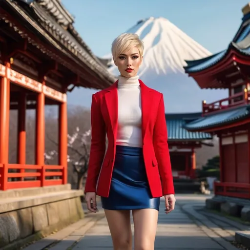 Prompt: (Emphasizing the scene) photorealistic painting, a gorgeous muscular drag queen (very strong masculine jawline and brow features(pixie-cut blonde hair, blue eyes)) in a (vivid red jacket, matching red miniskirt, white turtleneck pullover shirt) and (stylish stiletto boots, black, lace-up), visiting a traditional Japanese Buddhist temple, embodying the essence of neo-romanticism, early spring ambience, tranquil atmosphere, golden hour, warm light contrast, ultra-detailed, capturing the elegance and serenity of the moment.