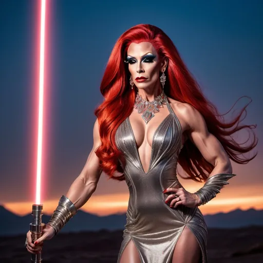 Prompt: Gorgeous, very muscular, 35-year-old Galactic Drag Queen with high heels and elaborate gown, full-body pose of a slender muscular drag queen, adorned in regal jewelry. Her long bright red hair blowing in the wind.  She is holding a light saber.  The strong figure exudes confidence and power, set against an alien palatial compound backdrop during twilight  The tattoos shimmer subtlety, incorporating details like knots and spirals, highlighting a fierce yet elegant aura. High definition, ultra-detailed presentation with striking contrasts.