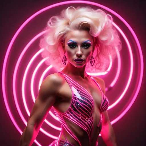 Prompt: An illuminated gorgeous muscular 25-year-old Czechian drag queen glass dancer glowing from within, glowing streaks of neon pink lasers spiraling around her