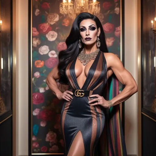 Prompt: Gorgeous muscular 35-year-old Arabic drag queen bodybuilder with long hair, dark eye makeup, dark lipstick, and large busom, wearing (Gucci Sanremo dress), elegant high-fashion design, flowing fabric with intricate draping, lush textures, shimmering elegant fabrics, (vibrant colors), modern and luxurious ambiance, (ultra-detailed), soft diffused lighting to highlight details, stylish accessories, framed by a chic backdrop that enhances the garment's sophistication.