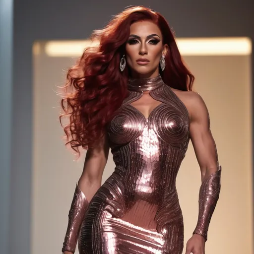 Prompt: Gorgeous muscular 25-year-old Syrian drag queen bodybuilder with big busom and dark red hair, wearing a Paco Rabanne dress, stunning metallic textures, futuristically elegant design, intricate details shimmering in the light, soft atmospheric glow, chic and innovative fashion statement, high fashion runway style, elegant silhouette, artful composition, ultra-detailed, extravagant craftsmanship, captivating background of modern architecture, luxurious ambiance, 4K resolution.