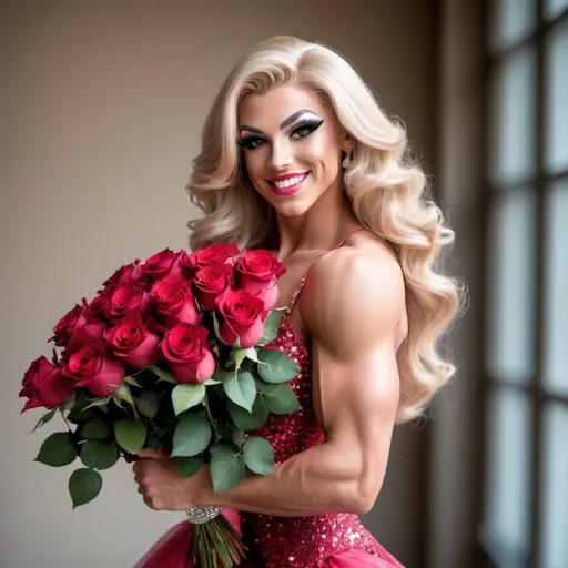 Prompt: Gorgeous muscular 18-year-old caucasian French drag queen prom queen bodybuilder (very strong masculine facial features) smiling beautifully while posing on the (high school) gymnasium stage holding a bouquet of roses. Beautiful, classy, and flirty gown, 8 inch stiletto high heel shoes.