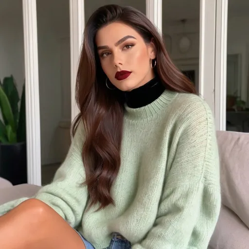 Prompt: In a cozy interior setting, a Gorgeous, very muscular, 20-year-old, suntanned, French drag queen (with strong masculine facial features, dark lipstick, huge busom, dark red hair) stands confidently, clad in an oversized, dark knitted sweater that subtly drapes off her shoulders, creating a relaxed yet attractive silhouette. She gazes at the camera with a subtle smile, her shoulder-length hair framing her face gracefully, while a black choker adds a touch of elegance to her outfit. Soft light filters through the window blinds, casting gentle shadows that enhance the texture of the sweater and the inviting atmosphere of the room, where muted tones of gray and green blend harmoniously. The combination of her relaxed pose and the intimate setting conveys a mood of comfort and self-assuredness, inviting viewers to share in this moment of casual beauty.