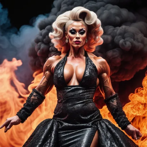 Prompt: Gorgeous muscular 35-year-old Czechian drag queen bodybuilder made of smoke and fire. Wearing a gown of lava.