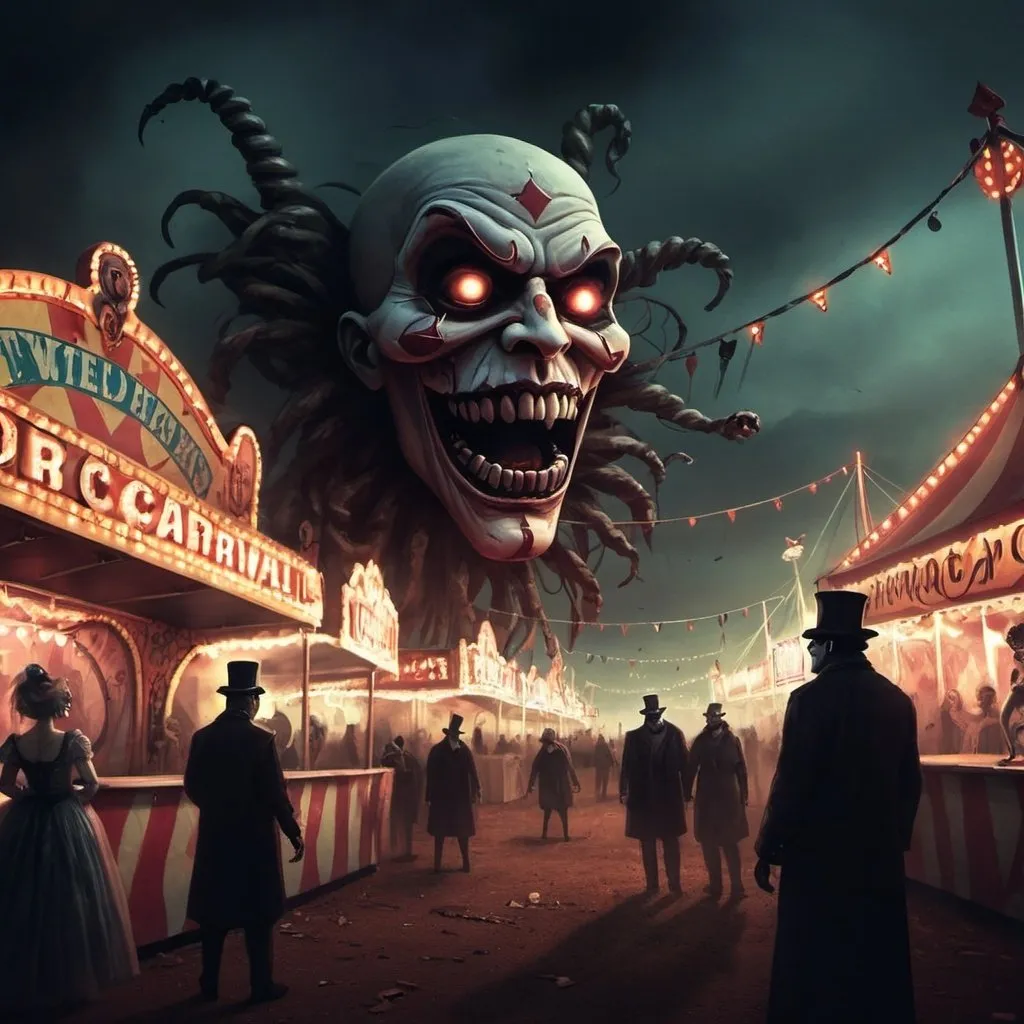 Prompt:  Illustrate an evil and eerie scene from a twisted carnival.