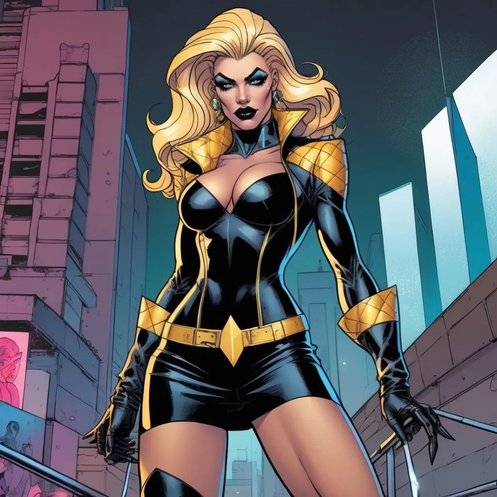 Prompt: Gorgeous muscular cyberpunk drag queen (DC Comics') Black Canary, great legs, crystal high heels,  dark lipstick.