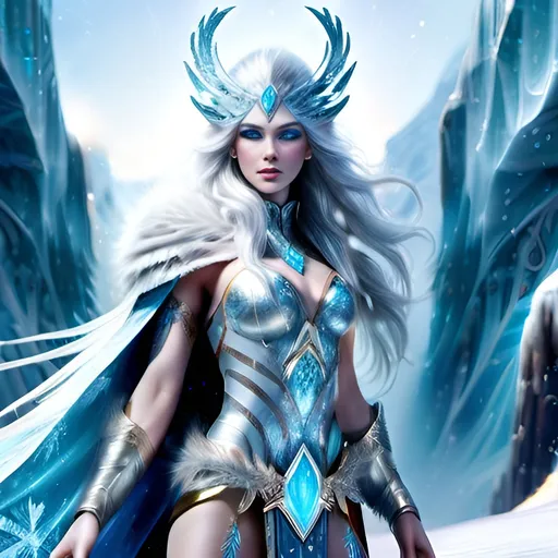 Prompt: Ice warrior goddess with ice skin and long flowing frozen hair, armor with gilded patterns and ice, superpower is ice, embodiment of the Yeti, dynamic pose. Ultra-realistic. Ultra-detailed.