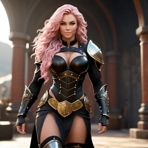 Prompt: Digital Art, gorgeous ultra-muscular 25-year-old viking goddess bodybuilder with huge busom and ridiculously long wavy pink hair, golden gear, black clothes, subtle smile, blue eyes, a black long-sleeve shirt, textured skirt down to knees, black pants, golden armor, 8 inch stiletto high heel boots, golden gear, unreal engine 64k octane, hdr, 3d lighting, full body, full armor