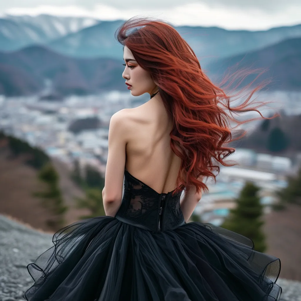 Prompt: Gorgeous ultra-muscular 30 years old Japanese goddess bodybuilder with huge busom, long muscular legs, immaculate dark eye makeup,  and very long wavy dark red hair (((blowing in the wind))). Wearing sheer light black gown. Standing on a cliff facing away, looking down on Nagano City down below in the background. Composition focus on legs and bum.