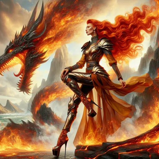 Prompt: Gorgeous 25-year-old fire goddess, with long fiery hair, wearing armor made of lava and 8 inch stiletto high heel shoes. Slaying a huge ultra-realistic dragon background. Strong pose. Ultra-realistic. Ultra-detailed.