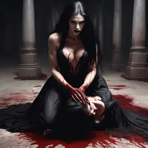 Prompt: Gorgeous ultra-muscular 25-year-old Ukrainian female vampire with huge busom and ridiculously long flowing black hair wearing long ripped gown, and 8 inch stiletto high heel shoes,  kneeling while she rips the heart out of and bloody man.