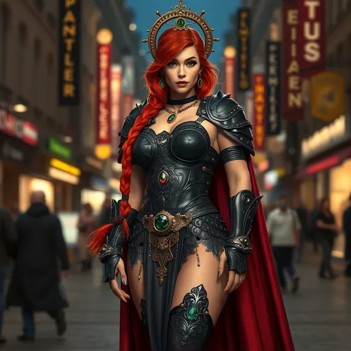 Prompt: a mid range full body image of a Gorgeous ultra-muscular 25-year-old Norwegian drag queen bodybuilder in the bustling city center wearing black leather armor with intricate ornate metal details studded with emerald gems and a bronze circlet with a large gem on her head, long maroon billowing cape curvy, powerful, braided flowing bright red hair, Aramenta Dianthe Vail, fantasy art, epic fantasy, computer graphics, high heels, corset, long loincloth with intricate details, stockings, feminine face, magically glowing eyes, magical, tanned skin, night time